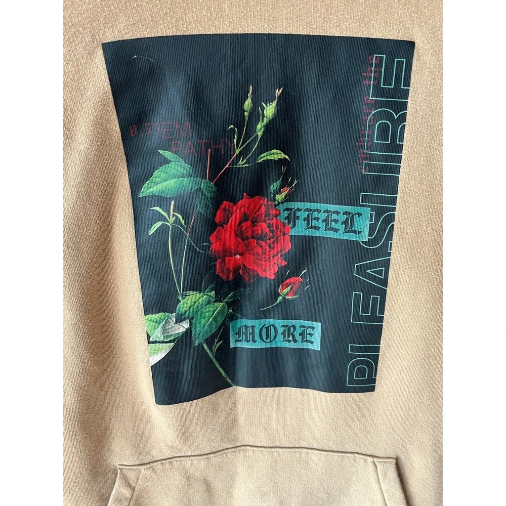 HM Divided Streetwear Rose Graphic Hoodie Tan Feel More Pleasure Sweatshirt - Picture 2 of 6